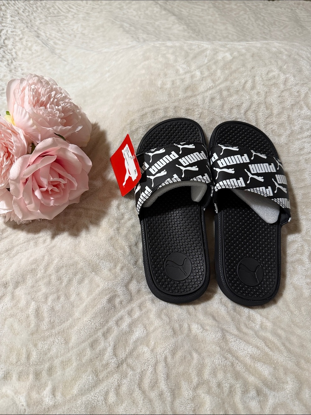 Puma Black and White Logo Slide Sandals